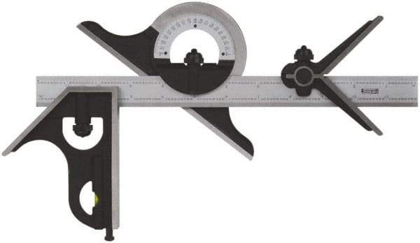 SPI - 4 Piece, 24" Combination Square Set - 1/100, 1/32, 1/50 & 1/64" (16R) Graduation, Hardened Steel Blade, Cast Iron Center, Protractor & Square Head - Industrial Tool & Supply