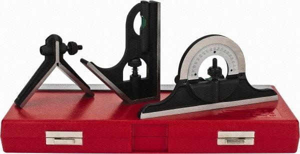 SPI - 4 Piece, 12" Combination Square Set - 1/16, 1/32, 1/64 & 1/8" (4R) Graduation, Hardened Steel Blade, Cast Iron Center, Protractor & Square Head - Industrial Tool & Supply