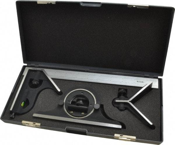 SPI - 4 Piece, 12" Combination Square Set - 1/32 & 1/64" (English/Metric) Graduation, Hardened Steel Blade, Cast Iron Center, Protractor & Square Head - Industrial Tool & Supply