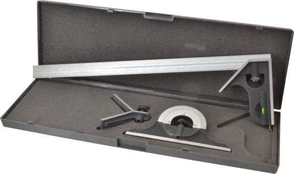 SPI - 4 Piece, 18" Combination Square Set - 1/100, 1/32, 1/50 & 1/64" (16R) Graduation, Hardened Steel Blade, Cast Iron Center, Protractor & Square Head - Industrial Tool & Supply