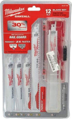 Milwaukee Tool - 12 Piece, 6" to 9" Long x 0.04" to 0.05" Thick, Bi-Metal Reciprocating Saw Blade Set - Straight Profile, 5-8 to 18 Teeth per Inch, Toothed Edge - Industrial Tool & Supply