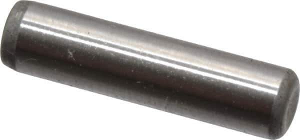 Made in USA - 1/8" Diam x 1/2" Pin Length Grade 8 Alloy Steel Standard Dowel Pin - Bright Finish, C 47-58 & C 60 (Surface) Hardness, 1,840 Lb (Single Shear), 3,680 Lb (Double Shear) Breaking Strength, 1 Beveled & 1 Rounded End - Industrial Tool & Supply