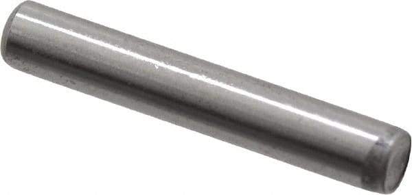 Made in USA - 1/8" Diam x 3/4" Pin Length Grade 8 Alloy Steel Standard Dowel Pin - Bright Finish, C 47-58 & C 60 (Surface) Hardness, 1,840 Lb (Single Shear), 3,680 Lb (Double Shear) Breaking Strength, 1 Beveled & 1 Rounded End - Industrial Tool & Supply