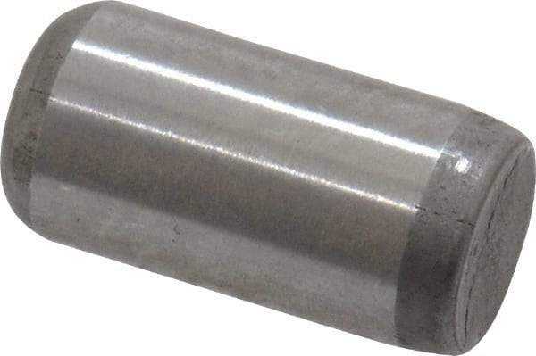 Made in USA - 1/4" Diam x 1/2" Pin Length Grade 8 Alloy Steel Standard Dowel Pin - Bright Finish, C 47-58 & C 60 (Surface) Hardness, 14,720 Lb (Double Shear), 7,360 Lb (Single Shear) Breaking Strength, 1 Beveled & 1 Rounded End - Industrial Tool & Supply