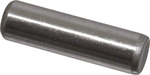 Made in USA - 1/4" Diam x 7/8" Pin Length Grade 8 Alloy Steel Standard Dowel Pin - Bright Finish, C 47-58 & C 60 (Surface) Hardness, 14,720 Lb (Double Shear), 7,360 Lb (Single Shear) Breaking Strength, 1 Beveled & 1 Rounded End - Industrial Tool & Supply