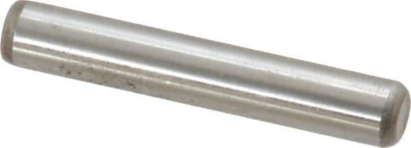 Made in USA - 1/4" Diam x 1-1/2" Pin Length Grade 8 Alloy Steel Standard Dowel Pin - Bright Finish, C 47-58 & C 60 (Surface) Hardness, 14,720 Lb (Double Shear), 7,360 Lb (Single Shear) Breaking Strength, 1 Beveled & 1 Rounded End - Industrial Tool & Supply