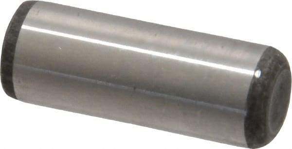 Made in USA - 3/8" Diam x 1" Pin Length Grade 8 Alloy Steel Standard Dowel Pin - Bright Finish, C 47-58 & C 60 (Surface) Hardness, 16,550 Lb (Single Shear), 33,100 Lb (Double Shear) Breaking Strength, 1 Beveled & 1 Rounded End - Industrial Tool & Supply