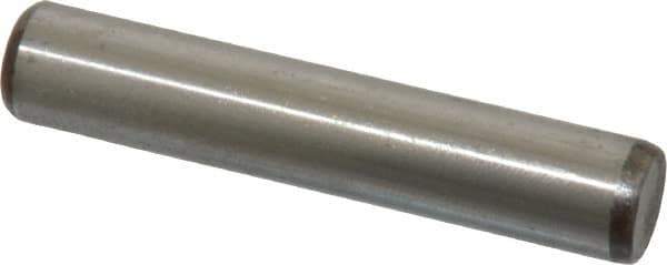 Made in USA - 3/8" Diam x 2" Pin Length Grade 8 Alloy Steel Standard Dowel Pin - Bright Finish, C 47-58 & C 60 (Surface) Hardness, 16,550 Lb (Single Shear), 33,100 Lb (Double Shear) Breaking Strength, 1 Beveled & 1 Rounded End - Industrial Tool & Supply
