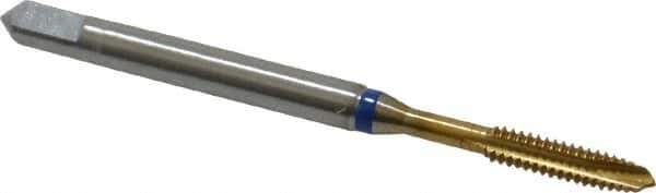Guhring - #4-40 UNC, 3 Flute, TiN Finish, Powdered Metal Spiral Point Tap - Plug Chamfer, Right Hand Thread, 1.882" OAL, 0.433" Thread Length, 0.141" Shank Diam, 2B Class of Fit, Series 3907 - Exact Industrial Supply