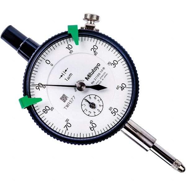 Mitutoyo - 1mm Range, 0-100 Dial Reading, 0.001mm Graduation Dial Drop Indicator - 57mm Dial, 0.1mm Range per Revolution, 0.005mm Accuracy, Revolution Counter - Industrial Tool & Supply
