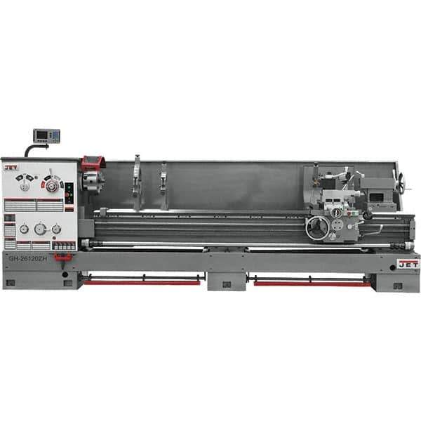 Jet - 26" Swing, 120" Between Centers, 230 Volt, Triple Phase Engine Lathe - 6MT Taper, 10 hp, 40 to 1,800 RPM, 4-1/8" Bore Diam, 43" Deep x 57" High x 177" Long - Industrial Tool & Supply