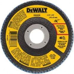 DeWALT - 40 Grit, 4-1/2" Disc Diam, 7/8" Center Hole, Type 29 Zirconia Alumina Flap Disc - 13,300 Max RPM, Poly Cotton Backing, Arbor Attaching System, Coated - Industrial Tool & Supply