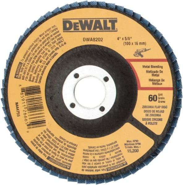 DeWALT - 60 Grit, 4" Disc Diam, 5/8" Center Hole, Type 29 Zirconia Alumina Flap Disc - 15,200 Max RPM, Poly Cotton Backing, Arbor Attaching System, Coated - Industrial Tool & Supply