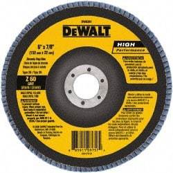 DeWALT - 60 Grit, 6" Disc Diam, 7/8" Center Hole, Type 29 Zirconia Alumina Flap Disc - 10,100 Max RPM, Poly Cotton Backing, Arbor Attaching System, Coated - Industrial Tool & Supply