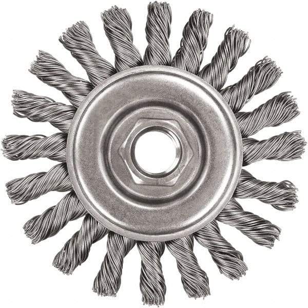 DeWALT - 4" OD, 5/8-11 Arbor Hole, Knotted Steel Wheel Brush - 3/8" Face Width, 7/8" Trim Length, 0.02" Filament Diam, 20,000 RPM - Industrial Tool & Supply