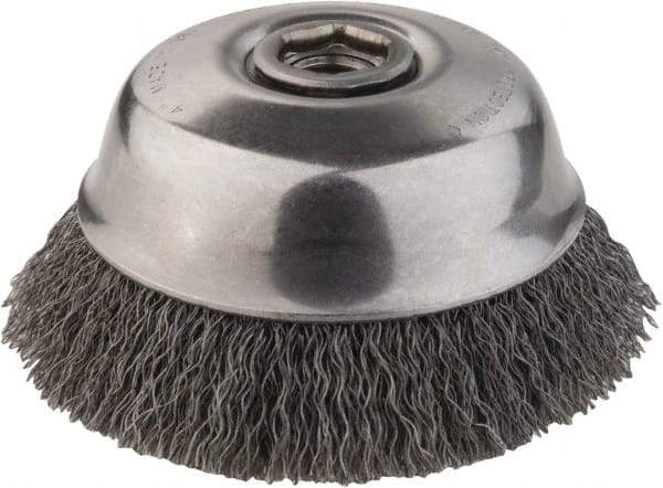 DeWALT - 4" Diam, 5/8-11 Threaded Arbor, Steel Fill Cup Brush - 0.014 Wire Diam, 1-1/8" Trim Length, 9,000 Max RPM - Industrial Tool & Supply