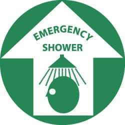 NMC - Emergency Shower, Anti-Skid Pressure-Sensitive Vinyl Floor Sign - Round, Green on White, Adhesive Backed, For First Aid - Industrial Tool & Supply