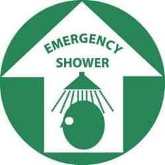 NMC - Emergency Shower, Anti-Skid Pressure-Sensitive Vinyl Floor Sign - Round, Green on White, Adhesive Backed, For First Aid - Industrial Tool & Supply
