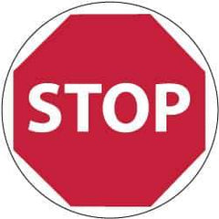 NMC - Stop, Anti-Skid Pressure-Sensitive Vinyl Floor Sign - Round, White on Red, Adhesive Backed, For Accident Prevention - Industrial Tool & Supply