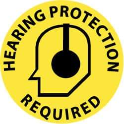 NMC - Hearing Protection Required, Anti-Skid Pressure-Sensitive Vinyl Floor Sign - Round, Black on Yellow, Adhesive Backed, For Accident Prevention - Industrial Tool & Supply