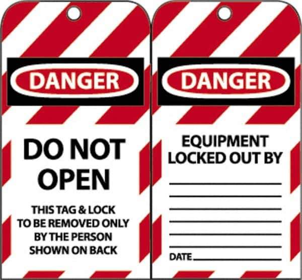 NMC - 3" High x 6" Long, DANGER - DO NOT OPEN - THIS TAG & LOCK TO BE REMOVED ONLY BY THE PERSON SHOWN ON BACK, English Safety & Facility Lockout Tag - Tag Header: Danger, 2 Sides, Black, Red & White Unrippable Vinyl - Industrial Tool & Supply