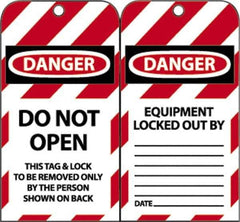 NMC - 3" High x 6" Long, DANGER - DO NOT OPEN - THIS TAG & LOCK TO BE REMOVED ONLY BY THE PERSON SHOWN ON BACK, English Safety & Facility Lockout Tag - Tag Header: Danger, 2 Sides, Black, Red & White Unrippable Vinyl - Industrial Tool & Supply