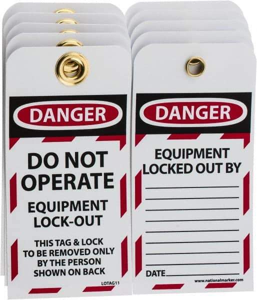 NMC - 3" High x 6" Long, DANGER - DO NOT OPERATE - EQUIPMENT LOCK-OUT - THIS TAG & LOCK TO BE REMOVED ONLY BY THE PERSON SHOWN ON BACK, English Safety & Facility Lockout Tag - Tag Header: Danger, 2 Sides, Black, Red & White Unrippable Vinyl - Industrial Tool & Supply