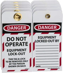 NMC - 3" High x 6" Long, DANGER - DO NOT OPERATE - EQUIPMENT LOCK-OUT - THIS TAG & LOCK TO BE REMOVED ONLY BY THE PERSON SHOWN ON BACK, English Safety & Facility Lockout Tag - Tag Header: Danger, 2 Sides, Black, Red & White Unrippable Vinyl - Industrial Tool & Supply