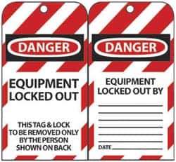 NMC - 3" High x 6" Long, DANGER - EQUIPMENT LOCKED OUT - THIS TAG & LOCK TO BE REMOVED ONLY BY THE PERSON SHOWN ON BACK, English Safety & Facility Lockout Tag - Tag Header: Danger, 2 Sides, Black, Red & White Unrippable Vinyl - Industrial Tool & Supply