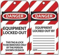 NMC - 3" High x 6" Long, DANGER - EQUIPMENT LOCKED OUT - THIS TAG & LOCK TO BE REMOVED ONLY BY THE PERSON SHOWN ON BACK, English Safety & Facility Lockout Tag - Tag Header: Danger, 2 Sides, Black, Red & White Unrippable Vinyl - Industrial Tool & Supply