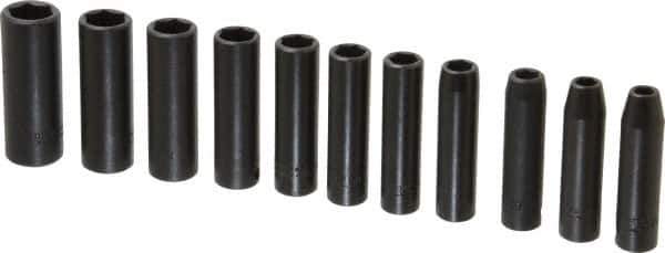 Proto - 11 Piece 3/8" Drive Deep Well Impact Socket Set - 6 Points, 7mm to 17mm Range, Metric Measurement Standard - Industrial Tool & Supply