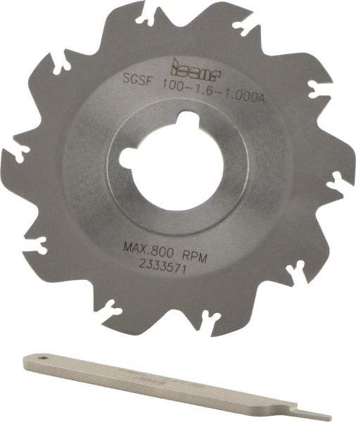 Iscar - Arbor Hole Connection, 0.049" Cutting Width, 1.18" Depth of Cut, 3.94" Cutter Diam, 1" Hole Diam, 10 Tooth Indexable Slotting Cutter - SGSF Toolholder, GSFN, GSFU Insert - Industrial Tool & Supply