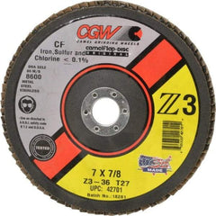 Camel Grinding Wheels - 36 Grit, 7" Disc Diam, 7/8" Center Hole, Type 27 Zirconia Alumina Flap Disc - 8,600 Max RPM, Poly Cotton Backing, Arbor Attaching System, Coated - Industrial Tool & Supply