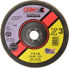 Camel Grinding Wheels - 80 Grit, 7" Disc Diam, 7/8" Center Hole, Type 27 Zirconia Alumina Flap Disc - 8,600 Max RPM, Poly Cotton Backing, Arbor Attaching System, Coated - Industrial Tool & Supply