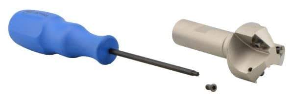 Iscar - 30° Lead Angle, 1.61" Max Cut Diam, 5/8" Min Cut Diam, 0.27" Max Depth of Cut, Indexable Chamfer and Angle End Mill - 3 Inserts, TPMT Insert Style, 3.54" Overall Length, Straight Shank - Industrial Tool & Supply