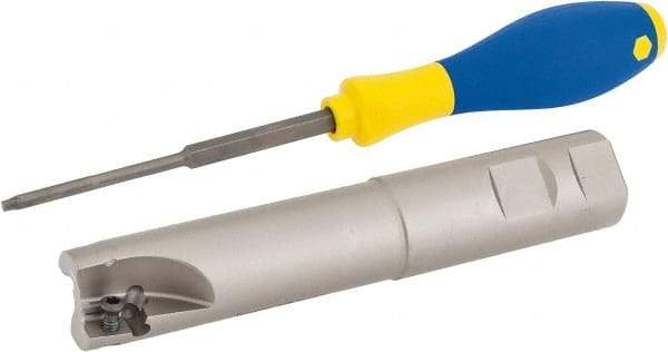 Iscar - 1" Cut Diam, 0.56" Max Depth of Cut, 1" Shank Diam, 5.6" OAL, Indexable Square Shoulder End Mill - AD..1505.., HM90 AD..1505 Inserts, Weldon Shank, 90° Lead Angle, Series Heli2000 - Industrial Tool & Supply