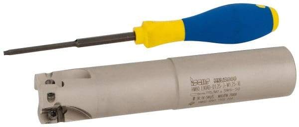 Iscar - 1-1/4" Cut Diam, 0.56" Max Depth of Cut, 1-1/4" Shank Diam, 6-1/4" OAL, Indexable Square Shoulder End Mill - AD..1505.., HM90 AD..1505 Inserts, Weldon Shank, 90° Lead Angle, Series Heli2000 - Industrial Tool & Supply