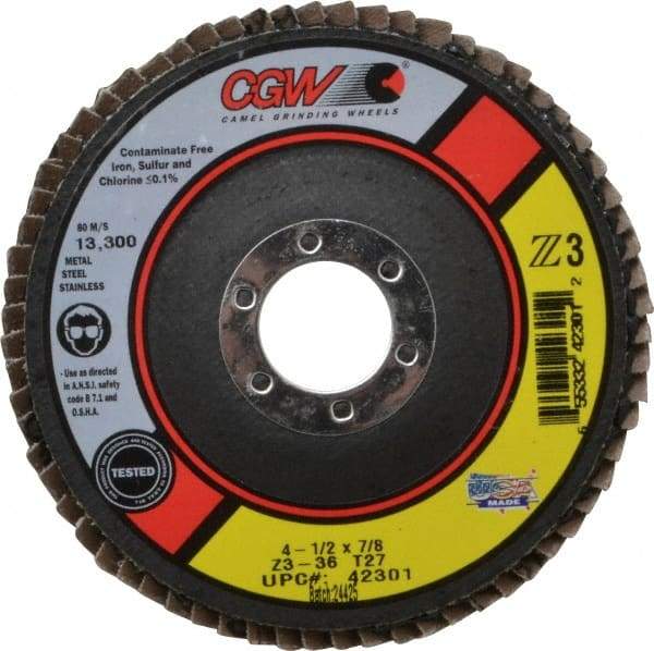 Camel Grinding Wheels - 36 Grit, 4-1/2" Disc Diam, 7/8" Center Hole, Type 27 Zirconia Alumina Flap Disc - 13,300 Max RPM, Poly Cotton Backing, Arbor Attaching System, Coated - Industrial Tool & Supply