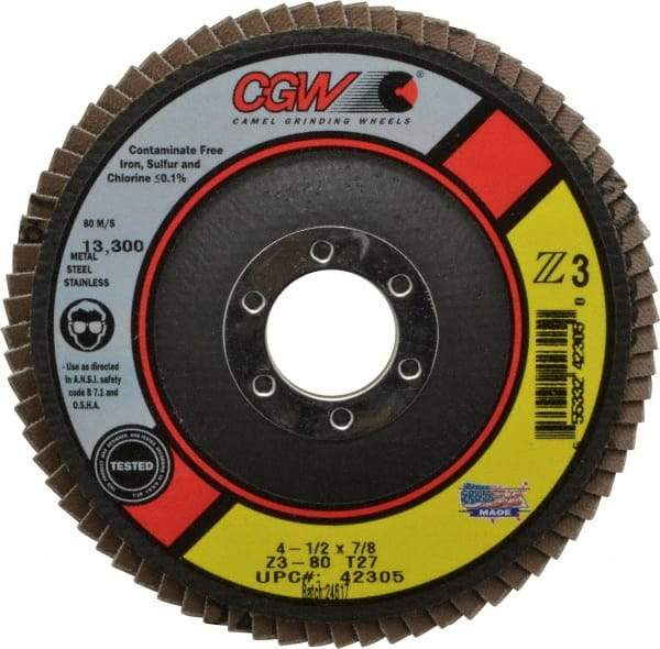 Camel Grinding Wheels - 80 Grit, 4-1/2" Disc Diam, 7/8" Center Hole, Type 27 Zirconia Alumina Flap Disc - 13,300 Max RPM, Poly Cotton Backing, Arbor Attaching System, Coated - Industrial Tool & Supply