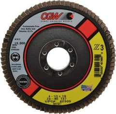 Camel Grinding Wheels - 80 Grit, 4-1/2" Disc Diam, 7/8" Center Hole, Type 27 Zirconia Alumina Flap Disc - 13,300 Max RPM, Poly Cotton Backing, Arbor Attaching System, Coated - Industrial Tool & Supply