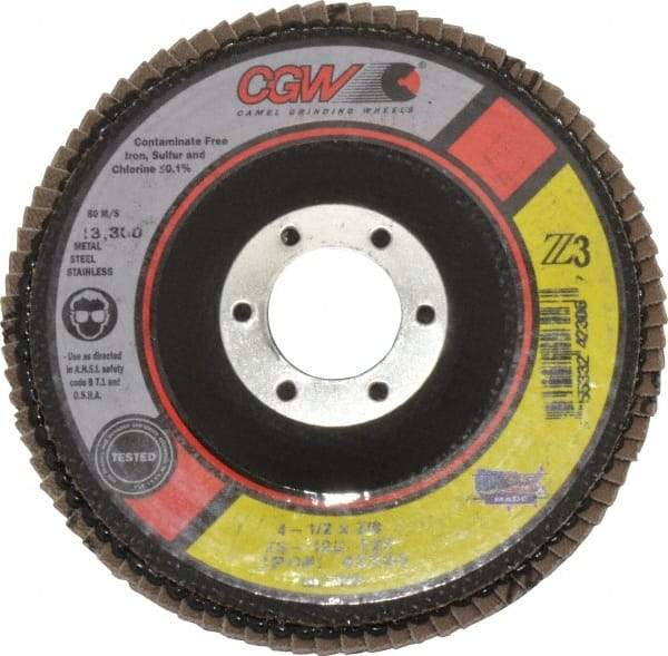 Camel Grinding Wheels - 120 Grit, 4-1/2" Disc Diam, 7/8" Center Hole, Type 27 Zirconia Alumina Flap Disc - 13,300 Max RPM, Poly Cotton Backing, Arbor Attaching System, Coated - Industrial Tool & Supply