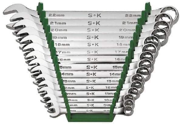 SK - 15 Piece, 8 to 22mm, Combination Wrench Set - Metric System of Measurement, Chrome Finish, Comes in Rack - Industrial Tool & Supply