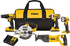 DeWALT - 20 Volt Cordless Tool Combination Kit - Includes 1/2" Compact Drill/Driver, 1/4" Impact Driver, Reciprocating Saw, 6-1/2 Circular Saw & LED Worklight, Lithium-Ion Battery Included - Industrial Tool & Supply