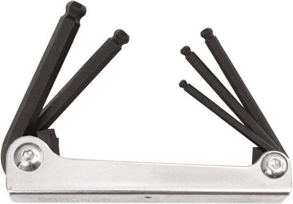 Bondhus - 5 Piece Fold-Up Ball End Hex Key Set - Hex Range 3/16 to 3/8", Protanium High Torque Steel - Industrial Tool & Supply