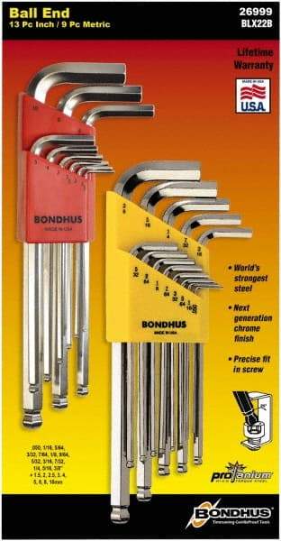 Bondhus - 22 Piece L-Key Ball End Hex Key Set - Hex Range 0.05 to 3/8", Protanium High Torque Steel - Industrial Tool & Supply