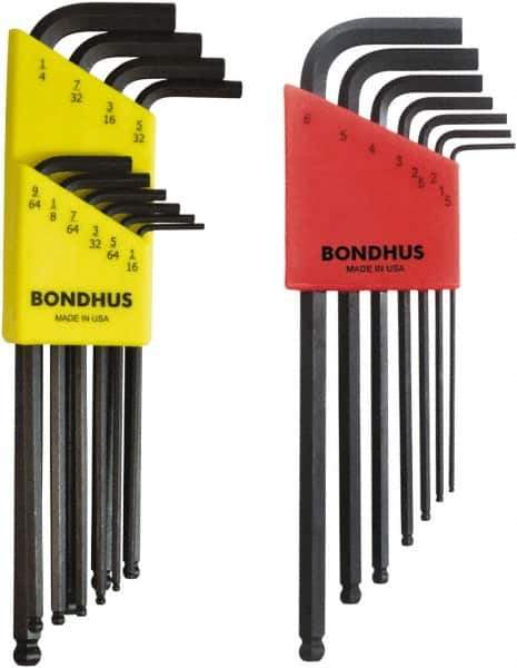 Bondhus - 17 Piece L-Key Ball End Hex Key Set - Hex Range 1/16 to 1/4", Protanium High Torque Steel - Industrial Tool & Supply