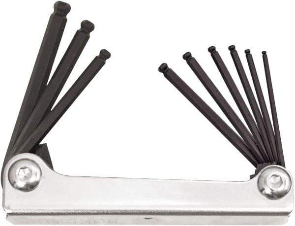 Bondhus - 9 Piece Fold-Up Ball End Hex Key Set - Hex Range 5/64 to 1/4", Protanium High Torque Steel - Industrial Tool & Supply