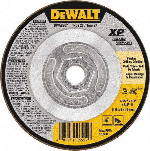 DeWALT - 24 Grit, 4-1/2" Wheel Diam, Type 27 Depressed Center Wheel - Coarse/Medium Grade, Ceramic, N Hardness, 13,300 Max RPM - Industrial Tool & Supply