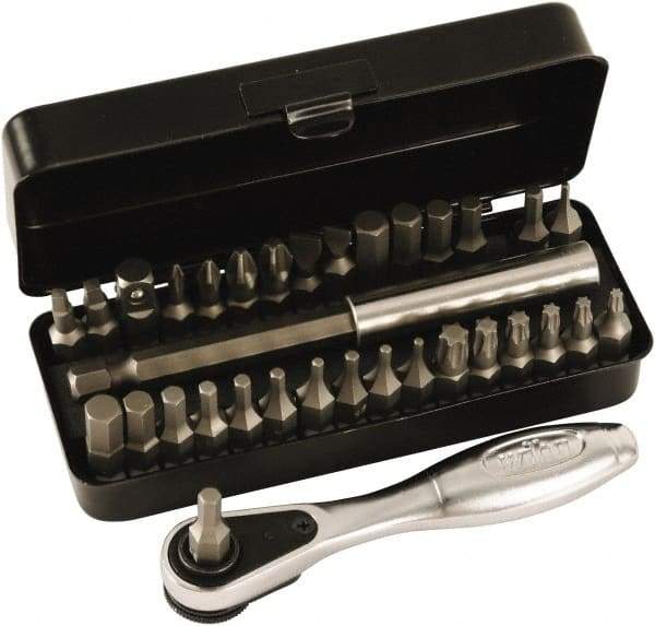 Wiha - 31 Piece, 1/4" Drive Screwdriver 1/4" Reversible Ratchet Bit Set - #0 to #3 Phillips, 1/16 to 1/4" Hex, T8 to T30 Torx, 5.5 & 6.5mm Slotted - Industrial Tool & Supply