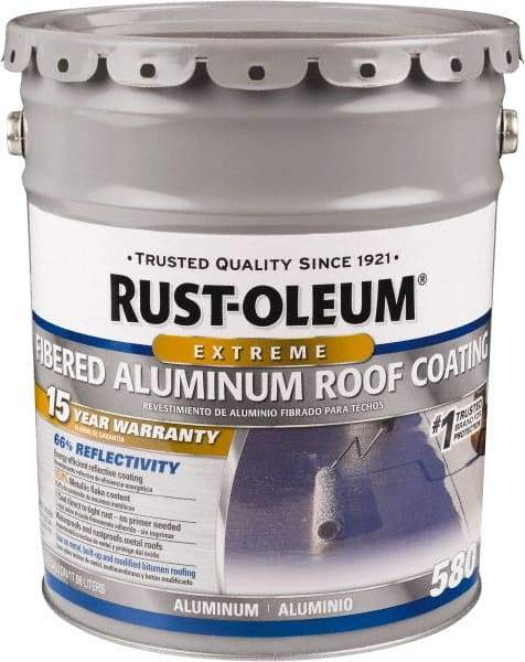 Rust-Oleum - 5 Gal Pail Aluminum Fibered Aluminum Roof Coating - 50 Sq Ft/Gal Coverage, 397 g/L VOC Content, Mildew Resistant, Long Term Durability & Weather Resistance - Industrial Tool & Supply